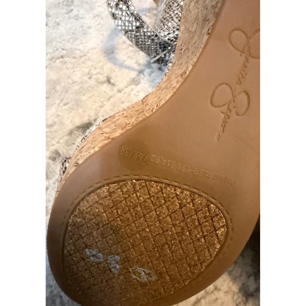 Jessica Simpson Snakeskin Cork Wedge Sandals Grey Black Ankle Strap‎ Size 7.5M
